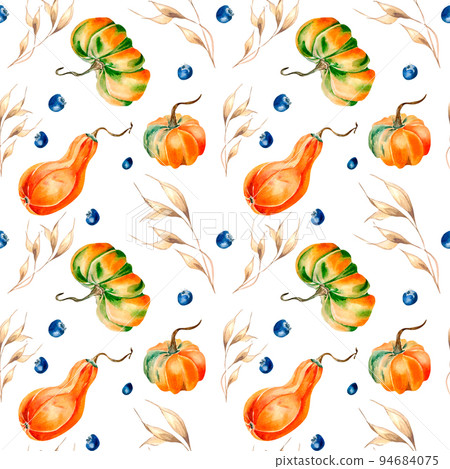 Pumpkins, spikelet, blueberry watercolor seamless pattern on white. 94684075