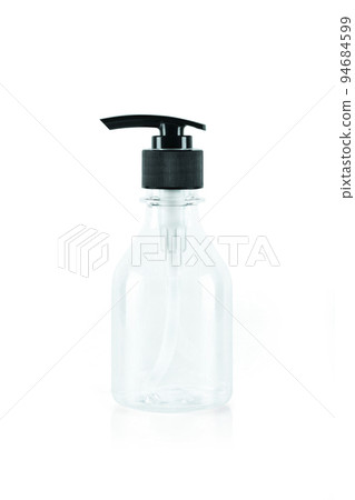 One empty transparent container spray plastic bottle for liquid gel, alcohol gel, lotion, cream, shampoo, isolated on white background with clipping path. 94684599