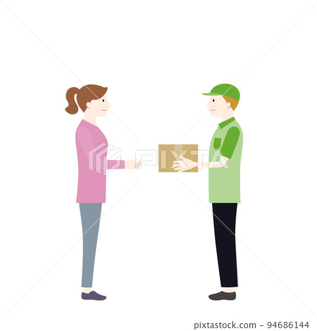運送包裹的送貨員和接收包裹的婦女的插圖(白色背景、矢量、剪報) 運送包裹的送貨員和接收包裹的婦女的插圖(白色背景、矢量、剪報) 94686144