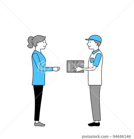 運送包裹的送貨員和接收包裹的婦女的插圖(白色背景、矢量、剪報) 運送包裹的送貨員和接收包裹的婦女的插圖(白色背景、矢量、剪報) 94686146