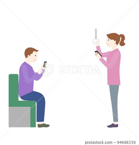 一個男人和一個女人在火車上使用智能手機的插圖(白色背景、矢量、剪輯) 一個男人和一個女人在火車上使用智能手機的插圖(白色背景、矢量、剪輯) 94686150