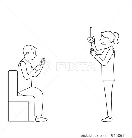 一個男人和一個女人在火車上使用智能手機的插圖(白色背景、矢量、線條畫、剪裁) 一個男人和一個女人在火車上使用智能手機的插圖(白色背景、矢量、線條畫、剪裁) 94686151