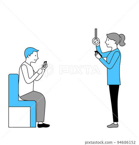一個男人和一個女人在火車上使用智能手機的插圖(白色背景、矢量、剪輯) 一個男人和一個女人在火車上使用智能手機的插圖(白色背景、矢量、剪輯) 94686152