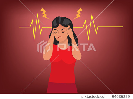 Young woman upset with severe headaches, migraines, health problems and headaches. aching in the temples Young woman upset with severe headaches, migraines, health problems and headaches. aching in the temples 94686229