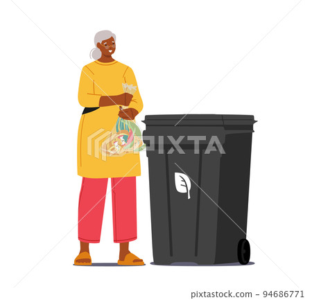 Litter Sorting, Recycling And Segregation, Environment Protection. Senior Woman City Dweller Throw Organic Garbage 94686771