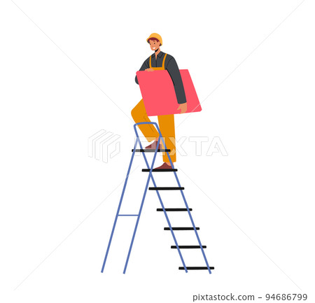 Worker Character with Red Tile Climbing on Ladder Isolated on White Background. Employee Conduct Roofing Works Worker Character with Red Tile Climbing on Ladder Isolated on White Background. Employee Conduct Roofing Works 94686799