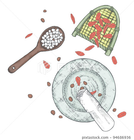 Hand-drawn illustration of herbal medicine and mortar Hand-drawn illustration of herbal medicine and mortar 94686936
