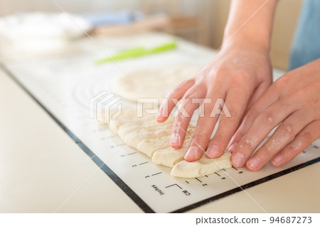 Silicone baking mat with inch and metric markings for ease of use during the cooking process. Selective focus and copy space 94687273