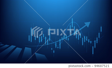 Financial business statistics with bar graph and candlestick chart show stock market price and effective earning on blue background Financial business statistics with bar graph and candlestick chart show stock market price and effective earning on blue background 94687521