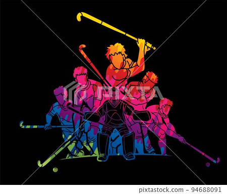 Field Hockey Sport Team Male Players Action Together Cartoon Graphic Vector Field Hockey Sport Team Male Players Action Together Cartoon Graphic Vector 94688091