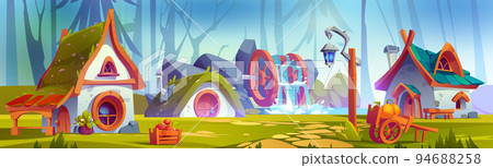 Gnome village with houses, water mill in forest 94688258