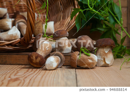 Pile of wild porcini mushrooms on wooden background at autumn season.. 94688814