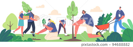 Volunteer Characters Planting Seedlings, Growing Trees. People Working in Garden, World Environment Day, Reforestation Volunteer Characters Planting Seedlings, Growing Trees. People Working in Garden, World Environment Day, Reforestation 94688882