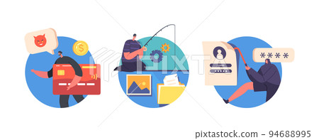 Criminals, Burglars, Hackers Or Crackers Wear Masks Holding Rod, Stolen Credit Card and Crowbar Isolated Icons, Avatars Criminals, Burglars, Hackers Or Crackers Wear Masks Holding Rod, Stolen Credit Card and Crowbar Isolated Icons, Avatars 94688995