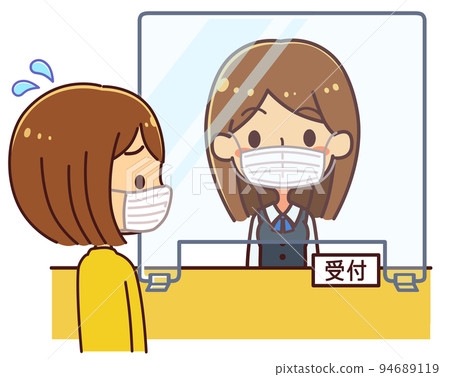 一個女人通過亞克力闆說話,接待員不耐煩,插圖 一個女人通過亞克力闆說話,接待員不耐煩,插圖 94689119