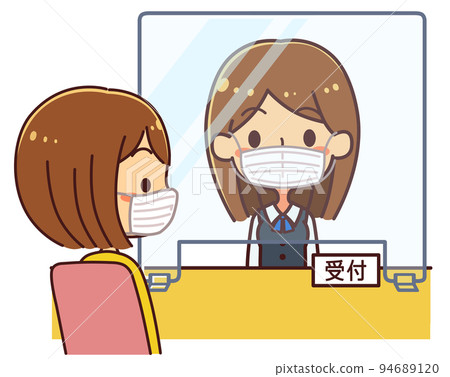 一位女性接待員坐在亞克力板上交談的插圖 一位女性接待員坐在亞克力板上交談的插圖 94689120