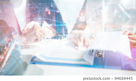 Double exposure hand of business woman with network city. 94689445