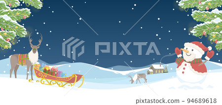 Christmas background illustration fir tree, snowman dressed as Santa Claus, snow scene with reindeer Christmas background illustration fir tree, snowman dressed as Santa Claus, snow scene with reindeer 94689618