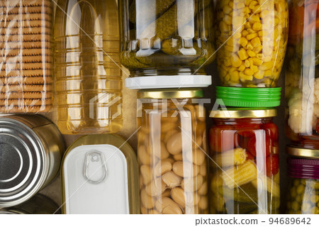 Emergency groceries food background flat lay 94689642
