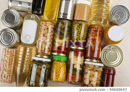 Emergency groceries food background flat lay Emergency groceries food background flat lay 94689643