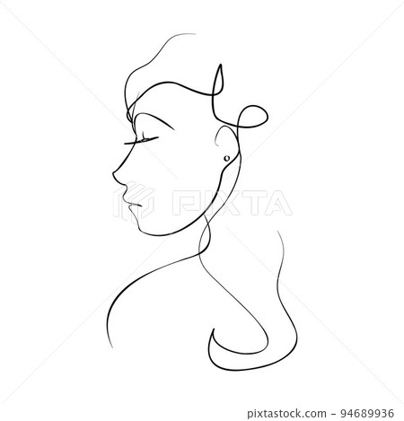 One continuous line hand drawn vector art with beautiful woman face in elegant curve. Black isolated on white background. Modern simplistic design for fashion, wall art, print, tattoo, cover, card. One continuous line hand drawn vector art with beautiful woman face in elegant curve. Black isolated on white background. Modern simplistic design for fashion, wall art, print, tattoo, cover, card. 94689936