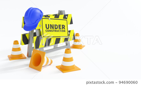 Under construction . Barrier with safety hat and traffic cone . Isolated white background . 3D rendering . Under construction . Barrier with safety hat and traffic cone . Isolated white background . 3D rendering . 94690060