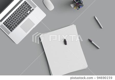 Concept of business still life with office objects on gray surface Concept of business still life with office objects on gray surface 94690159
