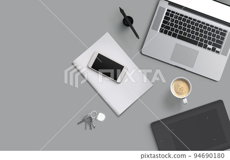 Office desk table with laptop computer, smartphone with black screen over a notebook and cup of coffee. Top view. 94690180