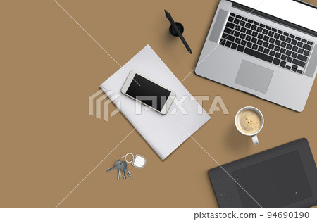 Office desk table with laptop computer, smartphone with black screen over a notebook and cup of coffee. Top view. 94690190