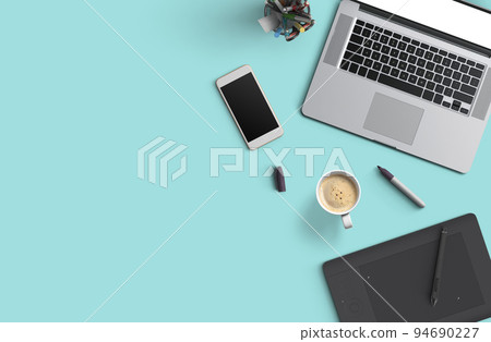 Office desk table with laptop computer, smartphone with black screen over a notebook and cup of coffee. Top view. 94690227