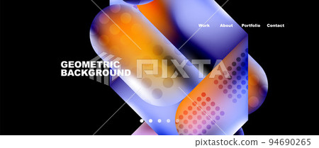 Landing page background template. Colorful plastic round shapes abstract composition. Vector illustration for wallpaper, banner, background Landing page background template. Colorful plastic round shapes abstract composition. Vector illustration for wallpaper, banner, background 94690265