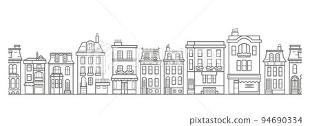 European buildings skyline. Linear cityscape with various row houses. Outline seamless border with old Dutch buildings. 94690334