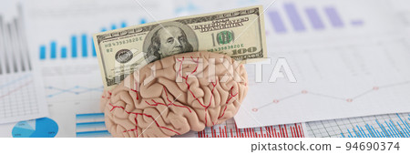 Banknote fit in anatomical model of human brain, miniature put on business papers 94690374