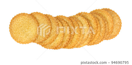 a row of round cracker isolated on white background clipping path a row of round cracker isolated on white background clipping path 94690795