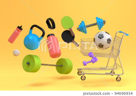 Sport equipment for fitness, gym, crossfit in shopping cart on yellow background. 3d render of power lifting and fitness concept Sport equipment for fitness, gym, crossfit in shopping cart on yellow background. 3d render of power lifting and fitness concept 94690934