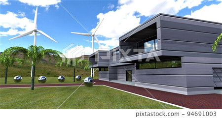 Country houses of the future. Two powerful wind generators provide the estate with electricity even at night and in winter. 3d render. 94691003