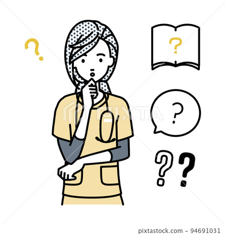 A set of question marks of a nurse woman standing and feeling doubts with her hands on her chin 94691031