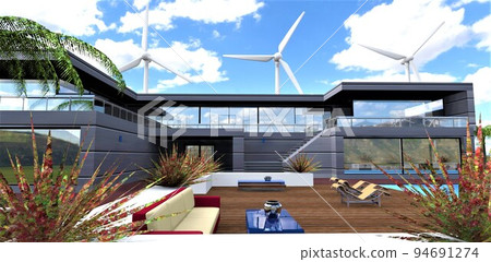 The independence of an advanced country estate from industrial power grids is achieved with the help of three powerful wind generators located behind the building. 3d render. 94691274
