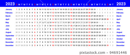 Blue linear calendar template for 2023 with week starts on Sunday Blue linear calendar template for 2023 with week starts on Sunday 94691446