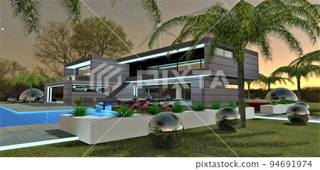 A cozy technological recreation area with an illuminated pool on the territory of a futuristic country estate decorated in the form of nickel-plated balls and an autonomous power supply system. A cozy technological recreation area with an illuminated pool on the territory of a futuristic country estate decorated in the form of nickel-plated balls and an autonomous power supply system. 94691974