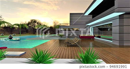 Comfortable relaxation area of a stylish tech estate with a decked pool and sun loungers. The house is illuminated with an overhead LED film. 3d render. Comfortable relaxation area of a stylish tech estate with a decked pool and sun loungers. The house is illuminated with an overhead LED film. 3d render. 94691991