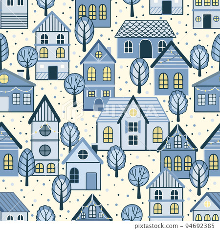 Seamless pattern of doodle houses. Great for fabric, textile vector illustration 94692385
