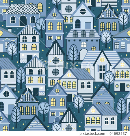Seamless pattern with Christmas houses and Christmas tree. Great for fabric, textile vector illustration 94692387