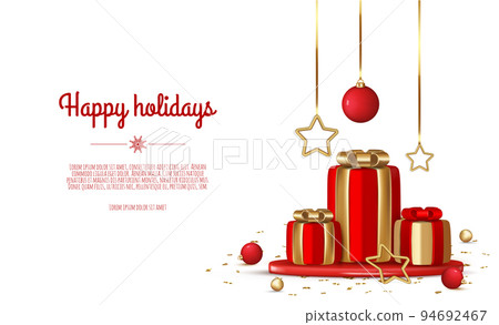 Merry Christmas and Happy New Year. Realistic gift boxes. Holiday banner, web poster, flyer, greeting card. 94692467