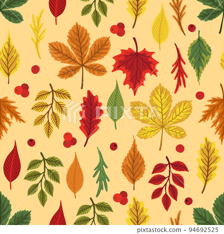 Vector colorful autumn seamless pattern with fall leaves, cone and mushrooms. 94692525