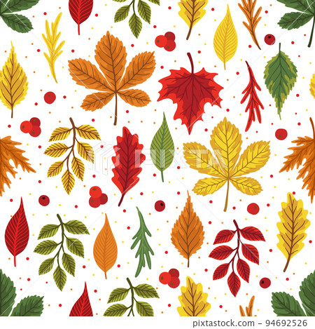 Vector colorful autumn seamless pattern with fall leaves, cone and mushrooms. Vector colorful autumn seamless pattern with fall leaves, cone and mushrooms. 94692526