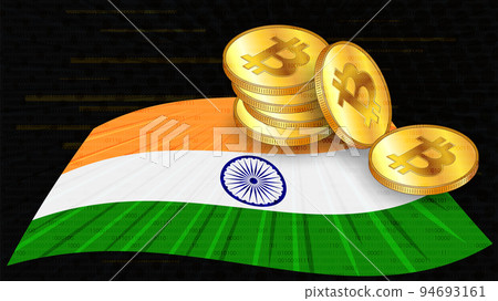 Stacks of gold coins of Bitcoin BTC on colored flag of India on dark digital background. Central Bank of India adopts laws on digital assets CBDC. Vector. 94693161