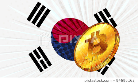 Gold coin of Bitcoin BTC and colored flag of South Korea on background. Central Bank of Republic of Korea adopts laws on mining and digital assets. 94693162