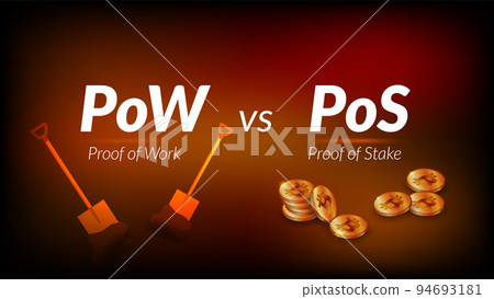 Text PoW Proof of Work vs PoS Proof of Stake with shovels and Bitcoin BTC stacks on dark red background. Header for website or banner for news article. Vector. Text PoW Proof of Work vs PoS Proof of Stake with shovels and Bitcoin BTC stacks on dark red background. Header for website or banner for news article. Vector. 94693181