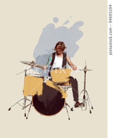 Contemporary art collage. Young man playing drums, performing lively. Expression of feelings. Pastel art Contemporary art collage. Young man playing drums, performing lively. Expression of feelings. Pastel art 94693204